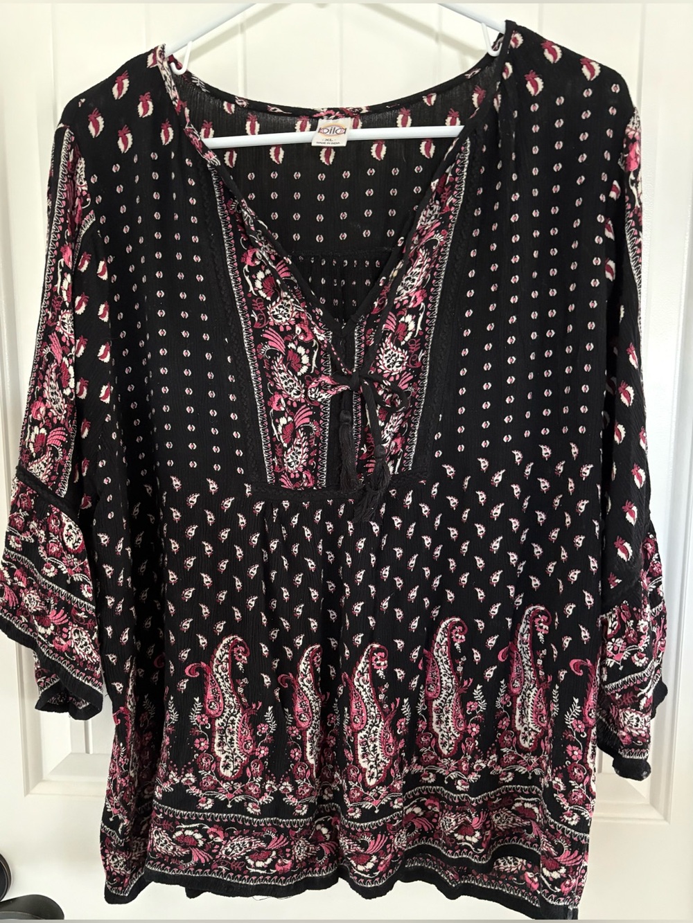 Bila Peasant Blouse Women L Black Pink Paisley Tassel Tie Bell Sleeve Boho Top